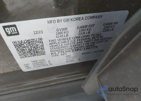 2024 Chevrolet Trax Fwd Lt из США, поврежденный, VIN KL77LHE23RC196779